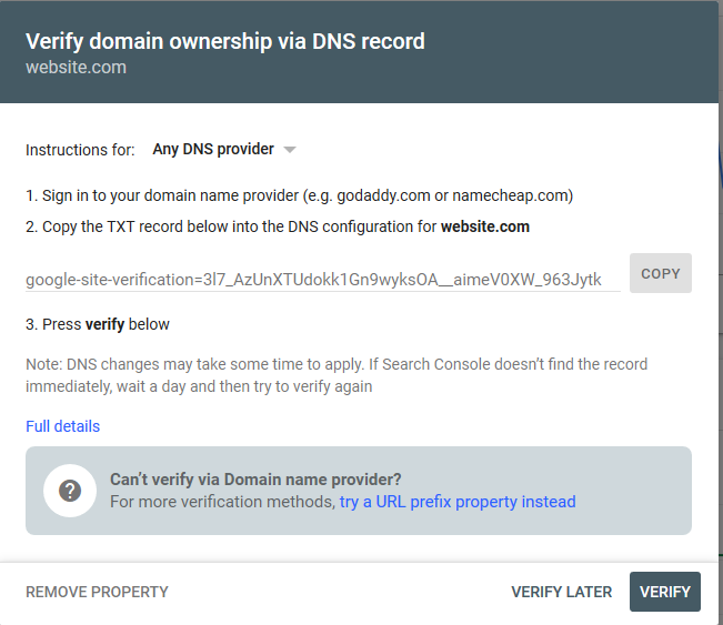 google search console verify property