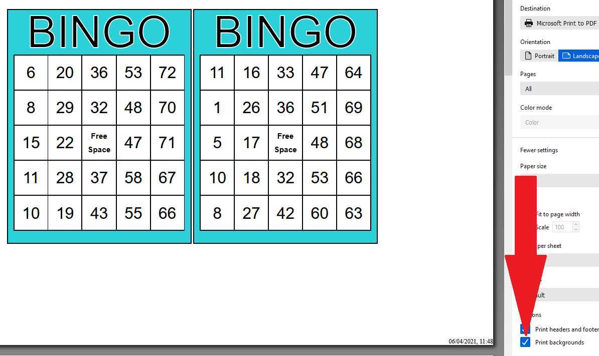 free color bingo cards